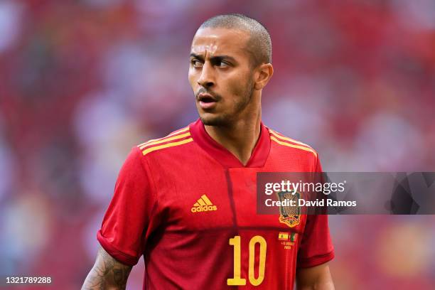 Thiago Alcantara of Spain looks on during the international friendly match between Spain and Portugal at Wanda Metropolitano stadium on June 04, 2021...