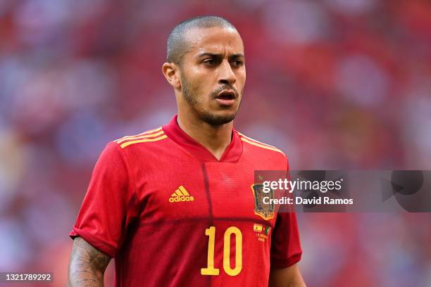 Thiago Alcantara of Spain looks on during the international friendly match between Spain and Portugal at Wanda Metropolitano stadium on June 04, 2021...