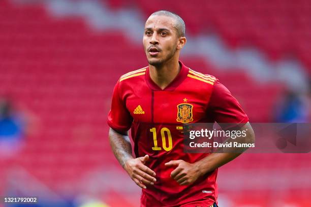 Thiago Alcantara of Spain looks on during the international friendly match between Spain and Portugal at Wanda Metropolitano stadium on June 04, 2021...