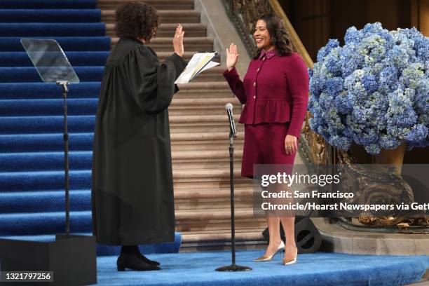 Honorable judge Teri Jackson administers the Mayoral oath of office to London N. Breed in the rotunda at city hall on Wednesday, Jan. 8 in San...