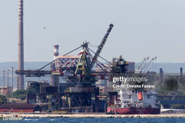 View of the ILVA from the Great Sea of ​​Taranto on June 04, 2021 in Taranto, Italy. Ilva has been, for almost the entire 20th century, Italy's...