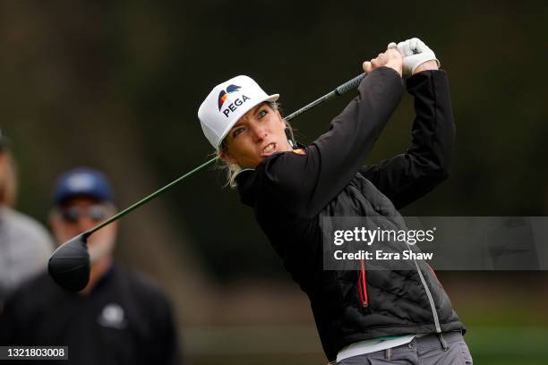 Mel Reid of England hits her tee shot on the 10th hole during the second round of the 76th U.S. Women's Open Championship at The Olympic Club on June...