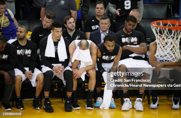 The San Antonio Spurs bench late in the fourth quarter, went on to lose to the Golden State Warriors 116-101 in game 2 of the NBA playoffs at Oracle...