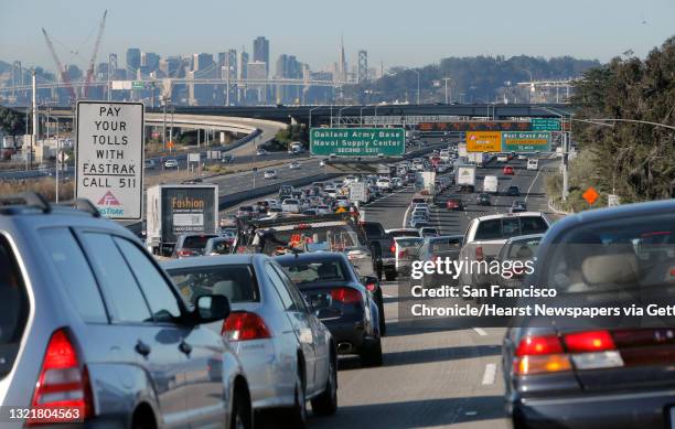 The morning commute traffic backed up on the I-580 freeway approach to the Bay Bridge, in Oakland, Calif., on Thurs. November 19, 2015.