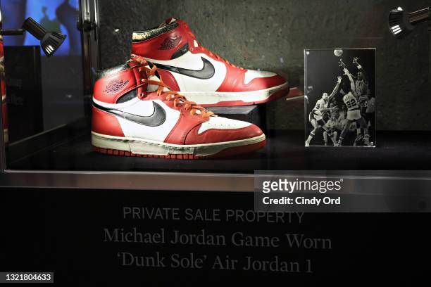 Michael Jordan game worn 'Dunk Sole' Air Jordan 1 sneakers are on display during a press preview of the upcoming Luxury Week at Sotheby's on June 04,...