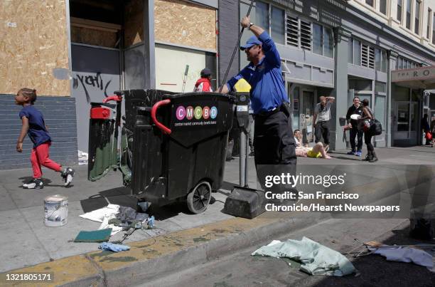 Community Guide, cleans 6th st. Between Mission and Howard streets on Mon. April 23 in San Francisco, Calif. San Francisco City Hall politicians...