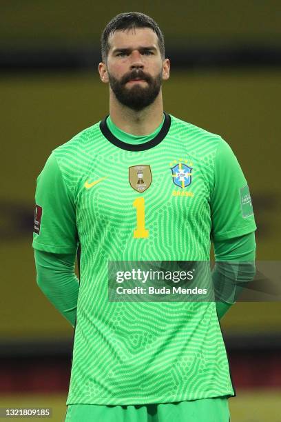 Allison of Brazil during the national anthems ceremony before a match between Brazil and Ecuador as part of South American Qualifiers for Qatar 2022...