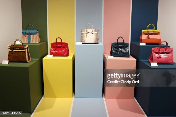 View of Hermès Birkin bags on display during a press preview of the upcoming Luxury Week at Christie's on June 04, 2021 in New York City.