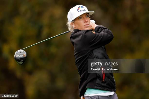 Mel Reid of England hits her tee shot on the 14th hole during the second round of the 76th U.S. Women's Open Championship at The Olympic Club on June...