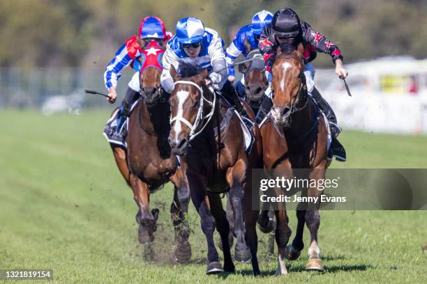 Tommy Berry on Cape Breton wins race 1 the Bowermans Commercial Furniture Handicap during Sydney Racing at Rosehill Gardens on June 05, 2021 in...