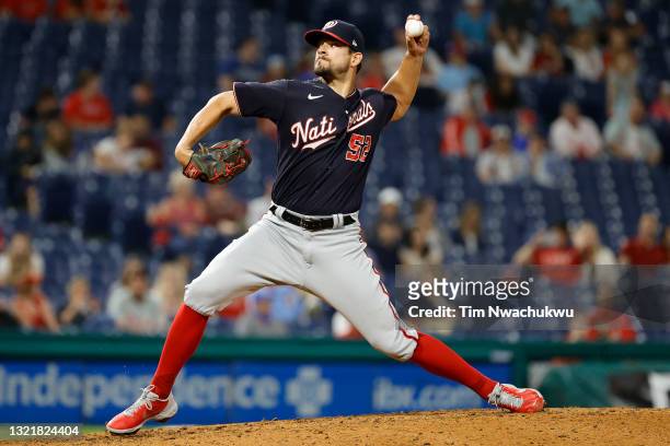 Brad Hand of the Washington Nationals pitches during the ninth inning against the Philadelphia Phillies at Citizens Bank Park on June 04, 2021 in...