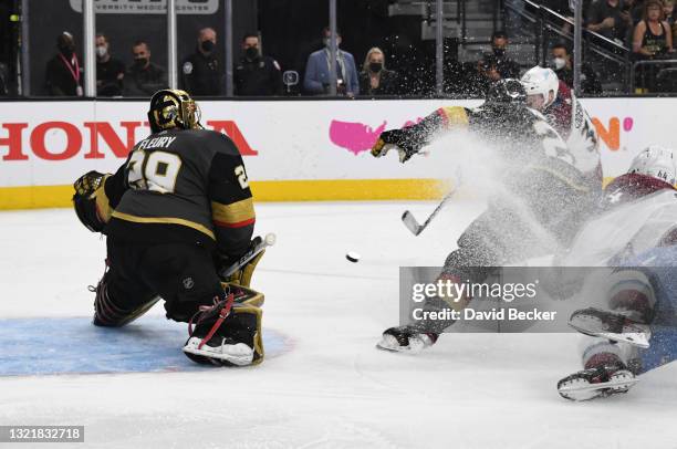 Carl Soderberg of the Colorado Avalanche shoots the puck to score a goal during the second period against the Vegas Golden Knights in Game Three of...