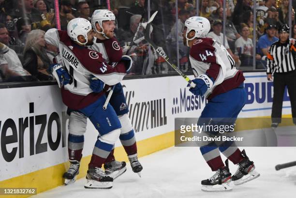 Carl Soderberg of the Colorado Avalanche celebrates after scoring a goal during the second period against the Vegas Golden Knights in Game Three of...