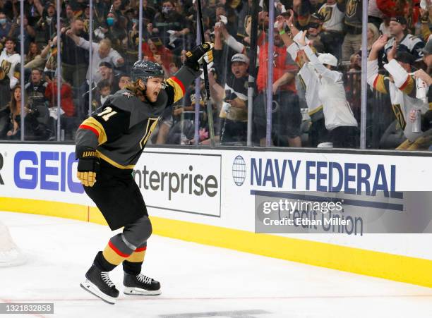 William Karlsson of the Vegas Golden Knights celebrates his second-period goal against the Colorado Avalanche in Game Three of the Second Round of...