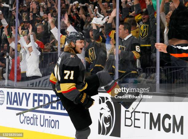 William Karlsson of the Vegas Golden Knights celebrates his second-period goal against the Colorado Avalanche in Game Three of the Second Round of...