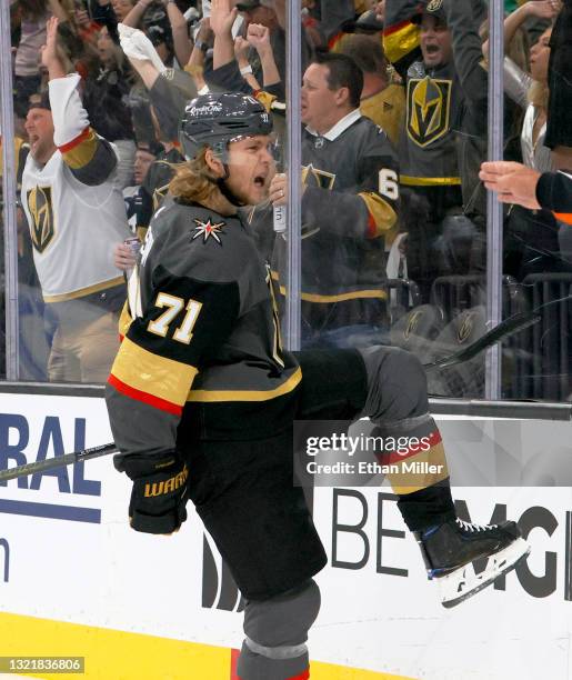 William Karlsson of the Vegas Golden Knights celebrates his second-period goal against the Colorado Avalanche in Game Three of the Second Round of...