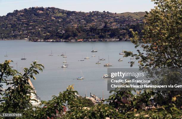 Boats anchored offshore outside of Bridgeway Marina in Richardson Bay, Sausalito, Ca. On Friday April 28, 2017.