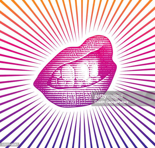 vector scratchboard of lips and teeth - dry mouth stock illustrations