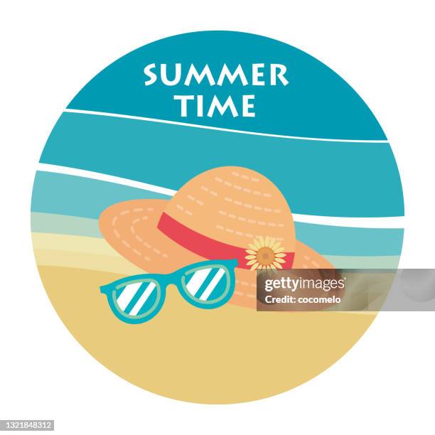 straw hat and sunglasses, beach icon. - straw hat white background stock illustrations