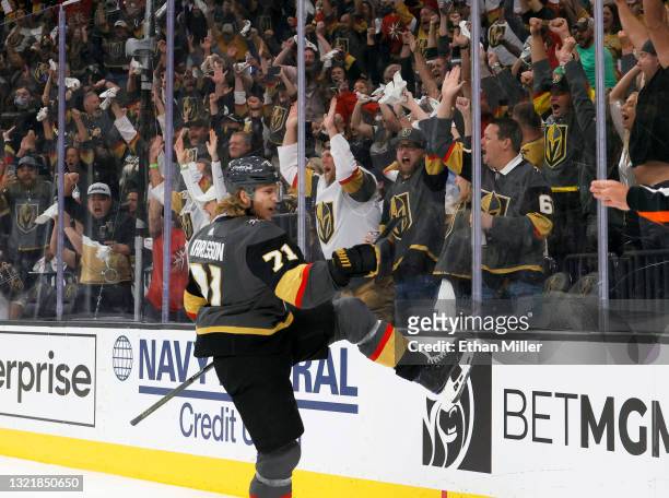 William Karlsson of the Vegas Golden Knights celebrates his second-period goal against the Colorado Avalanche in Game Three of the Second Round of...