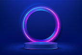 Abstract shiny blue cylinder pedestal podium. Sci-fi blue abstract room concept with circle glowing neon lighting. Vector rendering 3d shape, Product display presentation. Futuristic wall scene.