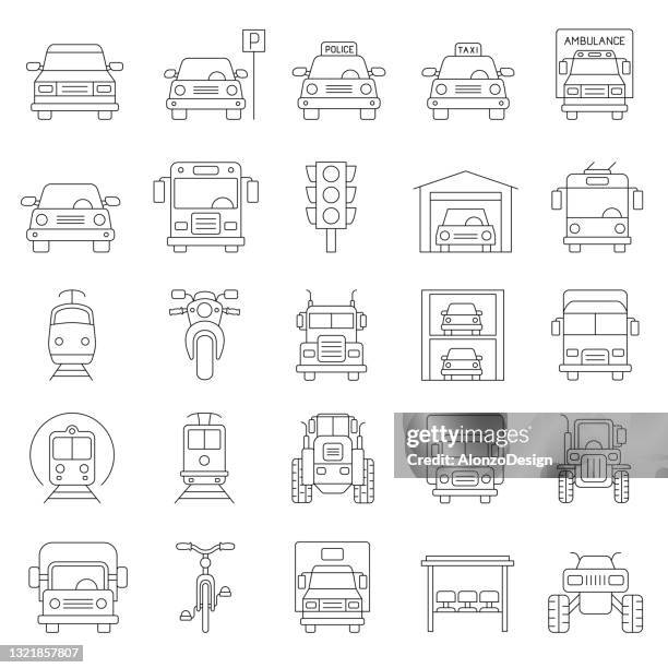 ilustraciones, imágenes clip art, dibujos animados e iconos de stock de iconos de transporte terrestre. vehículo terrestre. vista frontal. trazo editable. - coche pequeño