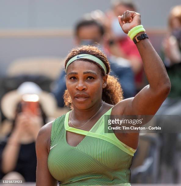 June 4. Serena Williams of the United States celebrates her victory against Danielle Collins of the United States on Court Philippe-Chatrier during...
