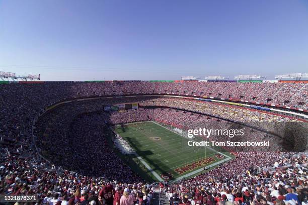 An aerial general view of NFL game action between the Tampa Bay Buccaneers and the Washington Redskins at FedEx Field on October 12, 2003 in...