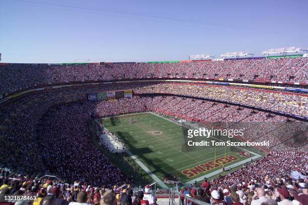 An aerial general view of NFL game action between the Tampa Bay Buccaneers and the Washington Redskins at FedEx Field on October 12, 2003 in...