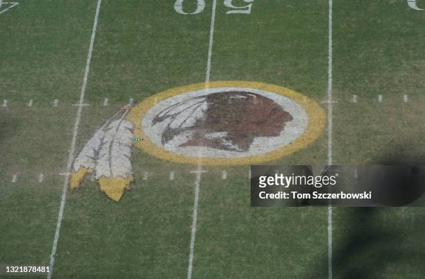 An aerial view of the Redskins logo at midfield during NFL game action between the Washington Redskins and the Tampa Bay Buccaneers at FedEx Field on...