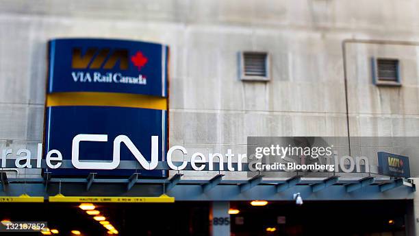 Via Rail Canada Inc. Signage is displayed outside of Central Station in Montreal, Quebec, Canada, on Saturday, Nov. 5, 2011. Via Rail Canada Inc., an...