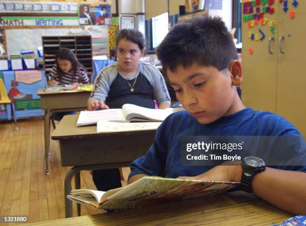 Student in Ms. Newman''s third grade class reads a book during summer school July 3, 2001 at Brentano Academy in Chicago. More than half of...