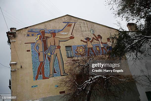 General view of an old Soviet Aeroflot advert painted on the side of a building on November 10, 2011 in Samara, Russia. Samara is one of thirteen...