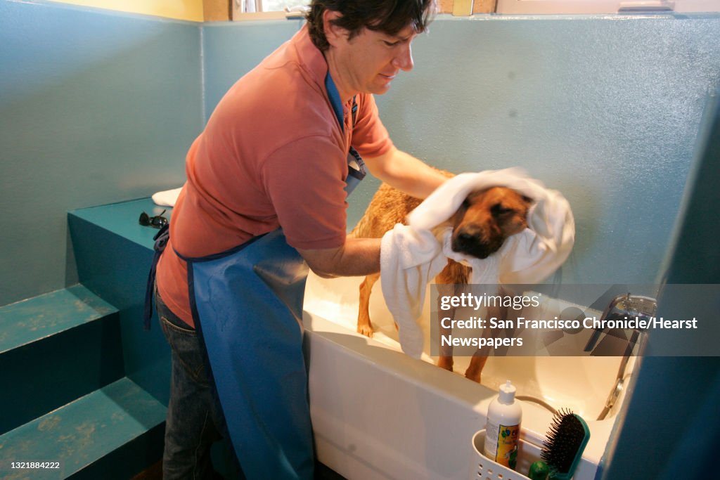 Mudpuppy_079_mac.jpg Dave Peattie of Richmond dries his his dog, "Pepper" after a goodf washing, at the new facility. Taking your dog for a romp at Pt. Isabel in Richmond, you should stop in at Mudpuppy's, where your four-pawed pal can get a wash and s