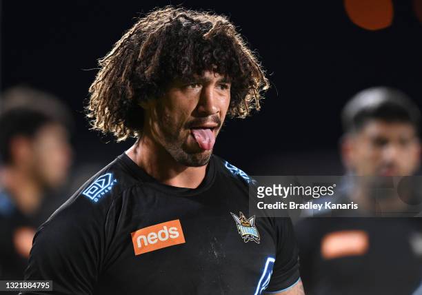 Kevin Proctor of the Titans looks on as he warms up prior to the round 13 NRL match between the Melbourne Storm and the Gold Coast Titans at Sunshine...
