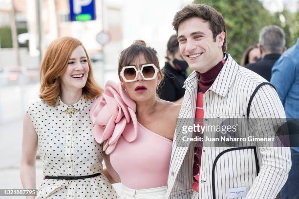 Ana Polvorosa, Candela Peña and Pol Monem attend 'Con Quien Viajas' photocall during 24th Malaga Spanish Film Festival on June 05, 2021 in Malaga,...