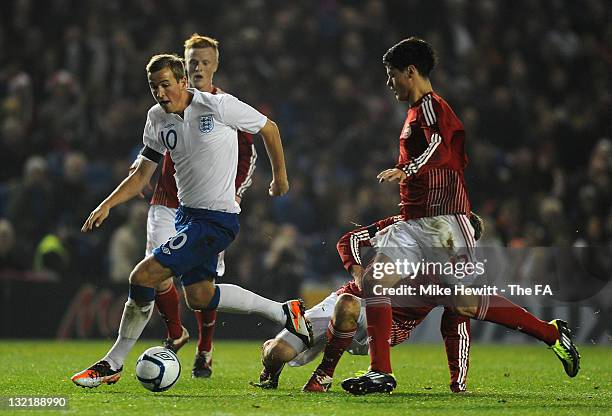 Harry Kane of England breaks through the Denmark defence during the Under-19 International Friendly between England and Denmark at Amex Stadium on...