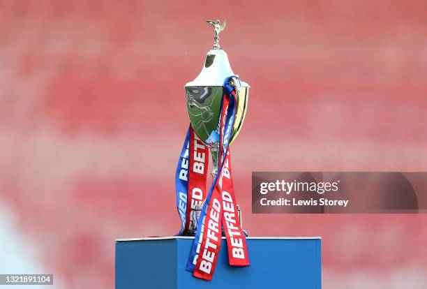 Detailed view of the Betfred Women's Challenge Cup Trophy is seen on a plinth prior to the Betfred Women's Super League Cup Final match between York...