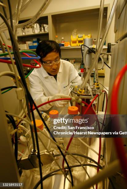 Medimmune_078_mac.jpg Jonathan Lui, Director, Cell Culture Developement, inside a maze of wires and tubes of the bioreactor, where the live virus...