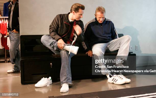 Adidas30_016_mac.jpg SF Mayor Gavin Newsom and footbal great Joe Montana, prepare to be fitted for the new "mi adidas" shoe the company is just...