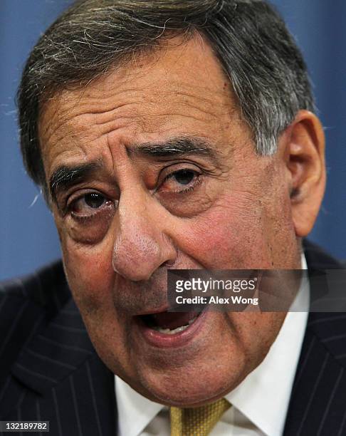 Secretary of Defense Leon Panetta conducts a press briefing November 10, 2011 at the Pentagon in Arlington, Virginia. Panetta discussed various...