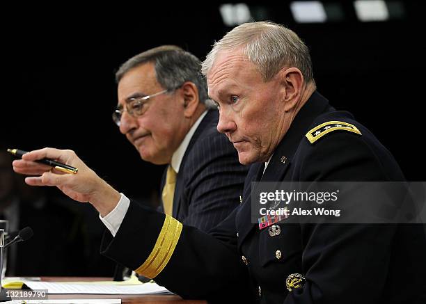 Secretary of Defense Leon Panetta and Chairman and Joint Chiefs of Staff Gen. Martin Dempsey conduct a press briefing November 10, 2011 at the...