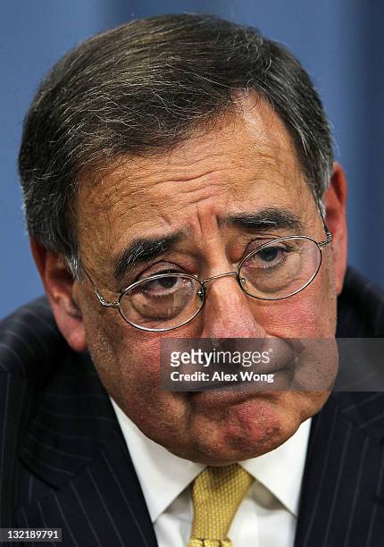 Secretary of Defense Leon Panetta pauses as he conducts a press briefing November 10, 2011 at the Pentagon in Arlington, Virginia. Panetta discussed...