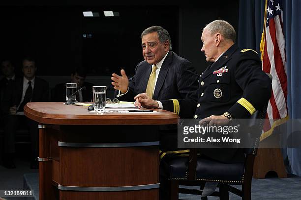 Secretary of Defense Leon Panetta and Chairman and Joint Chiefs of Staff Gen. Martin Dempsey conduct a press briefing November 10, 2011 at the...