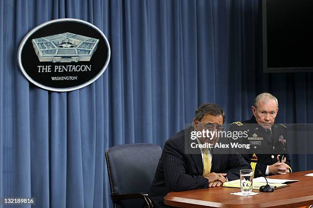 Secretary of Defense Leon Panetta and Chairman and Joint Chiefs of Staff Gen. Martin Dempsey conduct a press briefing November 10, 2011 at the...