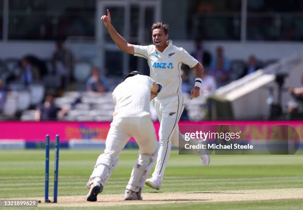 Tim Southee of New Zealand celebrates taking the wicket of James Bracey of England during Day 4 of the First LV= Insurance Test Match between England...