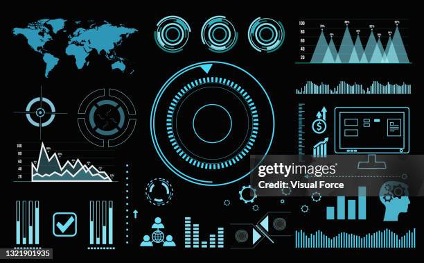 illustrations, cliparts, dessins animés et icônes de illustration vectorielle créative de l’ensemble d’éléments d’interface hud, infographies sci fi isolée sur fond futuriste transparent. modèle de conception artistique. graphique virtuel abstrait de la science des concepts futurs - tableau de bord support visuel