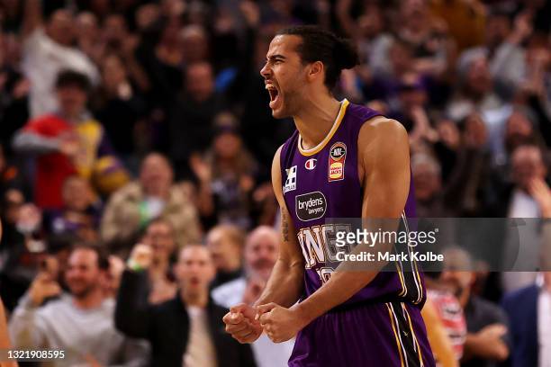 Xavier Cooks of the Kings celebrates victory during the round 21 NBL match between Sydney Kings and Brisbane Bullets at Qudos Bank Arena, on June 05...