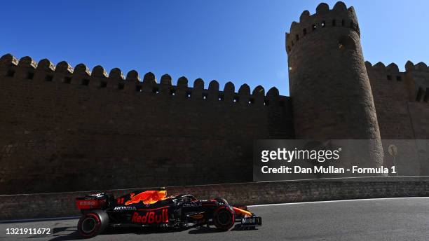 Sergio Perez of Mexico driving the Red Bull Racing RB16B Honda during qualifying ahead of the F1 Grand Prix of Azerbaijan at Baku City Circuit on...