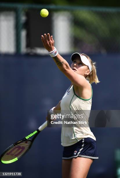 Kateryna Kozlova serves during qualifying match against on Day 1 of the Viking Open at Nottingham Tennis Centre on June 05, 2021 in Nottingham,...